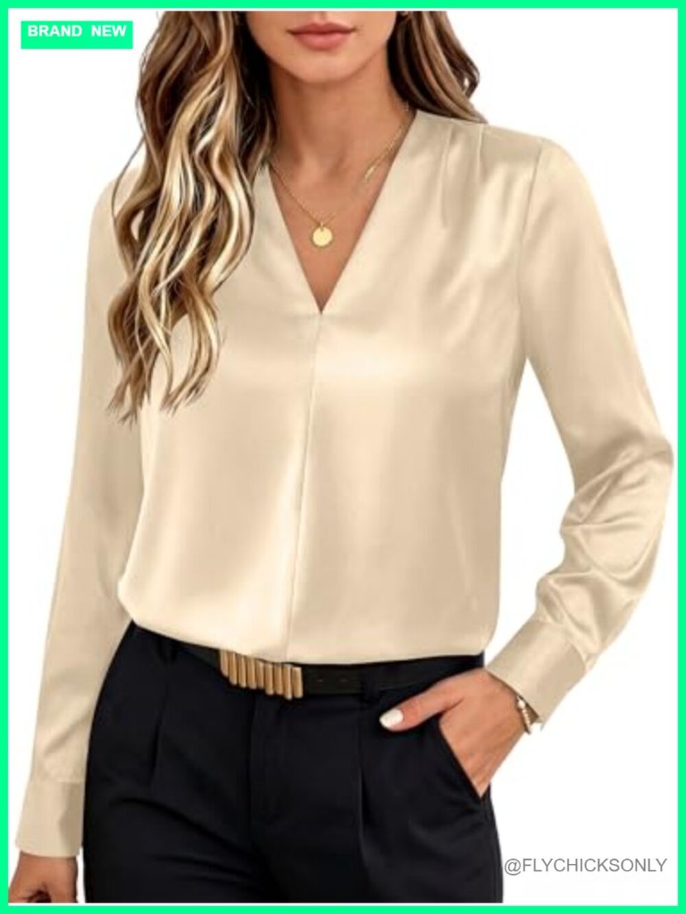 Satin V-Neck Blouse Long Sleeve Dressy Top for Women